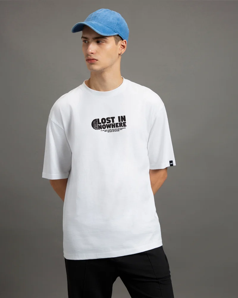 بيواكوف Men's White Lost in Nowhere Graphic Printed Oversized T-shirt